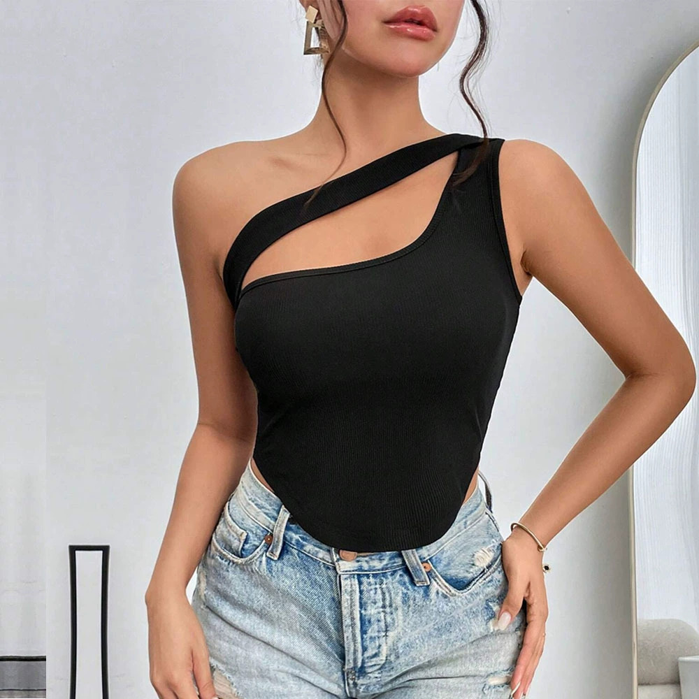 ZARA Fitted Cropped Asymmetric Hem One Shoulder Wrap Top Cutout